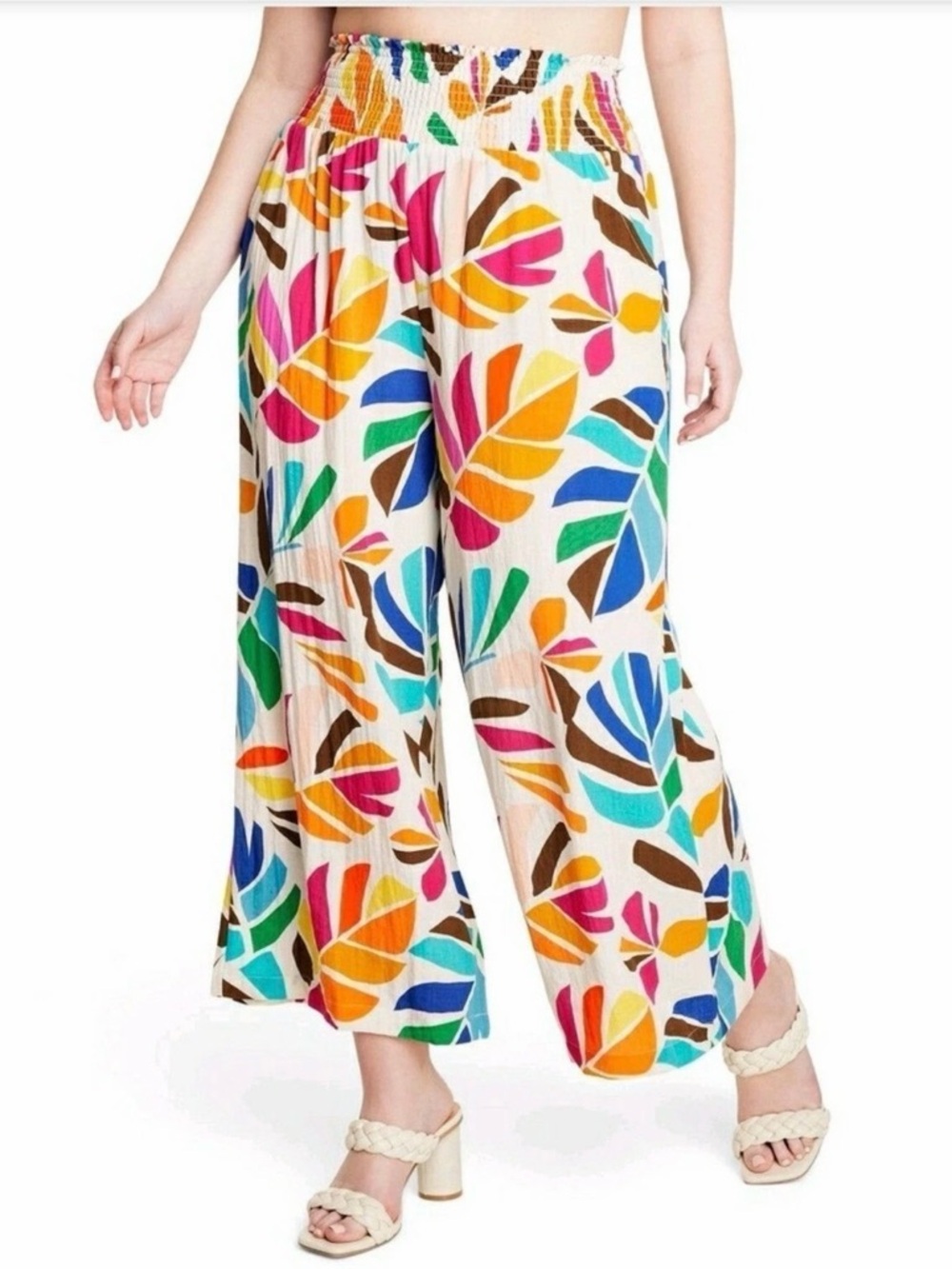 Wide-Leg Cream Pants with Multicolor Leaf Print